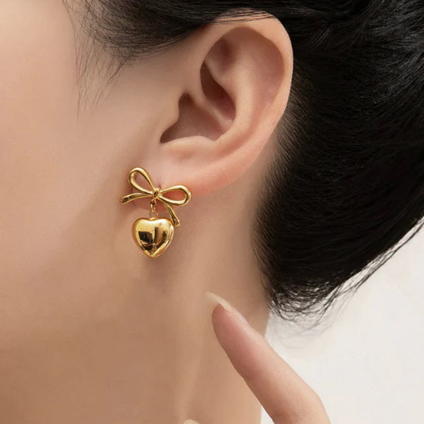 Bow & Heart Gold-Toned Drop Earrings